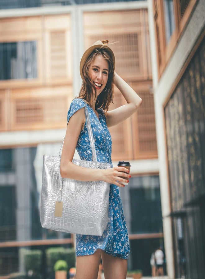 BESTYASH Large Capacity Pattern Handbag for Women Silver Pu Tote Shoulder Bag with Handle for Travel Work Shopping - Image 3